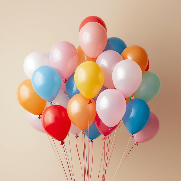 beige achtergrond daarvoor een heleboel ballonnen in verschillende kleuren en formaten
